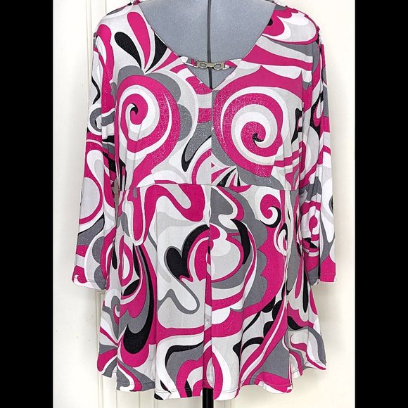 INC International Concepts Tops - Shimmery INC Int'l Concepts 1X Pink, Gray & Wht Pucci Style Print Stretch Blouse